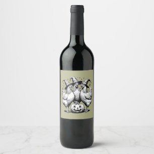 Chicken Witches Funny Halloween Vintage Witch Wine Label