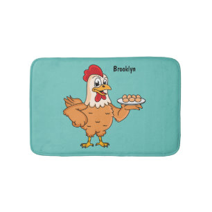 Chicken with eggs on plate cartoon bath mat