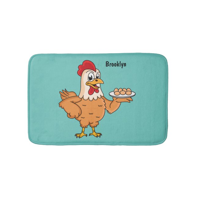 Chicken with eggs on plate cartoon bath mat (Front)