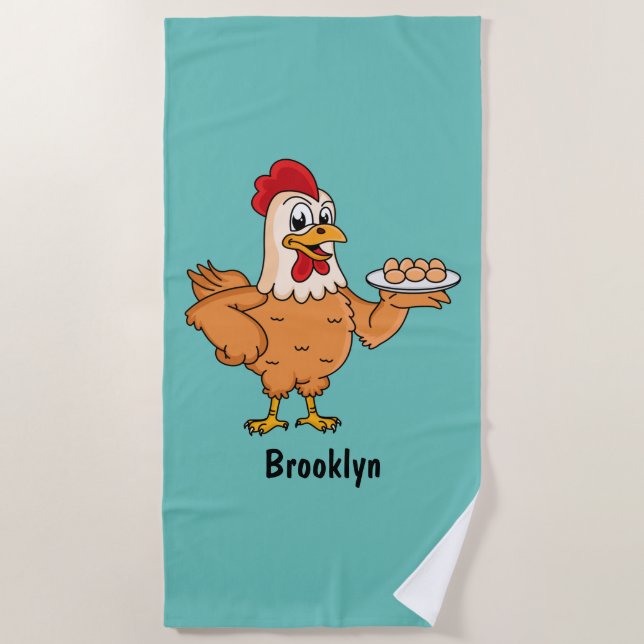 Chicken with eggs on plate cartoon beach towel (Front)