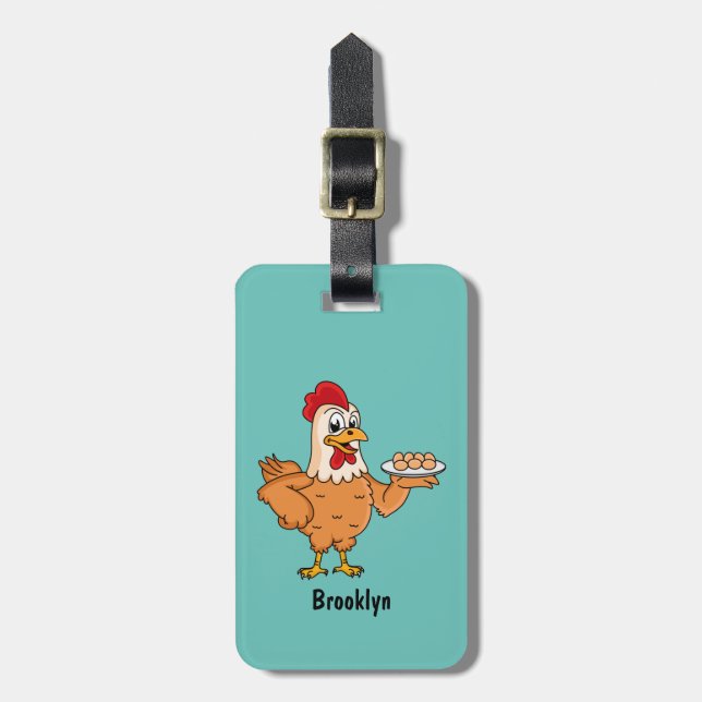 Chicken with eggs on plate cartoon luggage tag (Front Vertical)