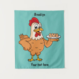 Chicken with eggs on plate cartoon tapestry