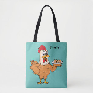 Chicken with eggs on plate cartoon tote bag