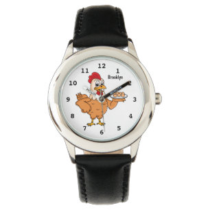 Chicken with eggs on plate cartoon watch