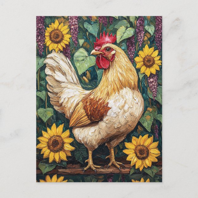 Chicken with Flowers Oil Painting Postcard (Front)