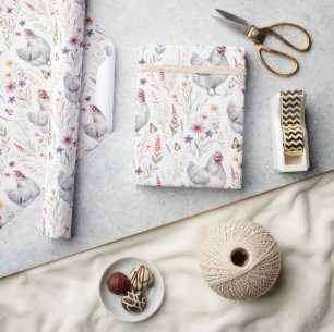 Chicken Wrapping Paper Grey Hen Wildflower Meadow