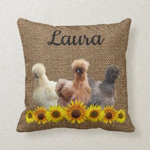 Chicken Your Name Silkie Sunflowers Burlap Cushion