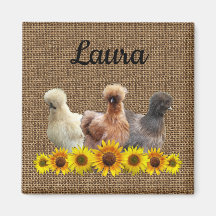 Chicken Your Name Silkie Sunflowers Burlap