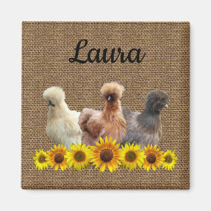 Chicken Your Name Silkie Sunflowers Burlap Magnet