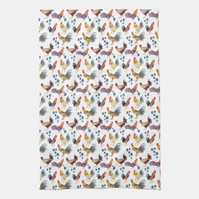 Chickens and Eggs Barnyard Farm Country Watercolor Tea Towel (Vertical)