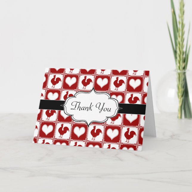 Chickens and Hearts Rooster Pattern Thank You Card (Front)