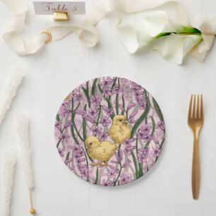 Chickens and hyacinths on pink paper plate