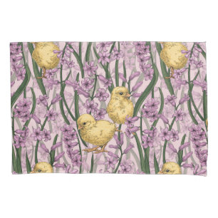Chickens and hyacinths on pink pillowcase