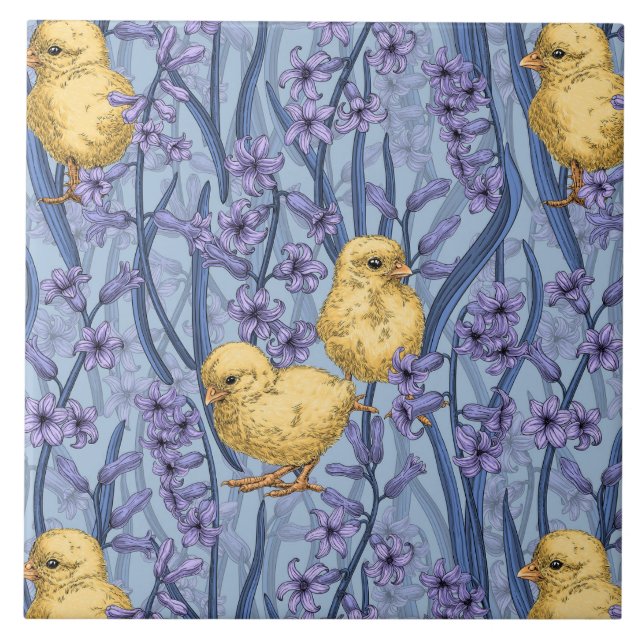 Chickens and hyacinths on sky blue ceramic tile (Front)