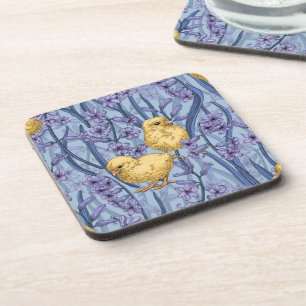Chickens and hyacinths on sky blue coaster