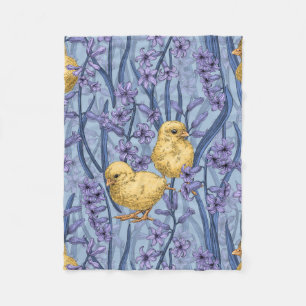 Chickens and hyacinths on sky blue fleece blanket