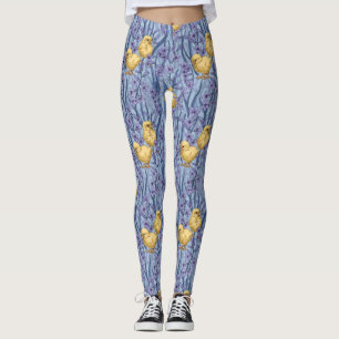 Chickens and hyacinths on sky blue leggings