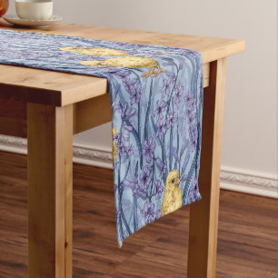 Chickens and hyacinths on sky blue short table runner