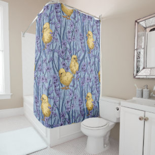 Chickens and hyacinths on sky blue shower curtain