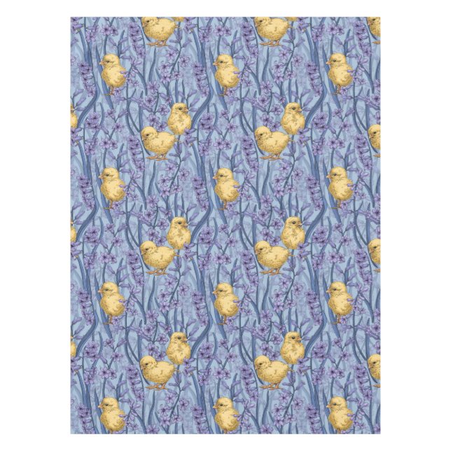 Chickens and hyacinths on sky blue tablecloth (Front)