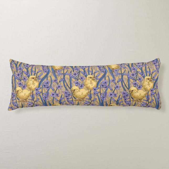 Chickens and hyacinths on yellow body cushion (Front)