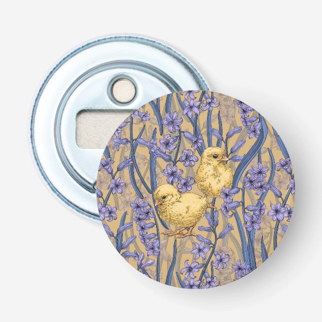 Chickens and hyacinths on yellow bottle opener (Front)