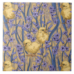 Chickens and hyacinths on yellow ceramic tile