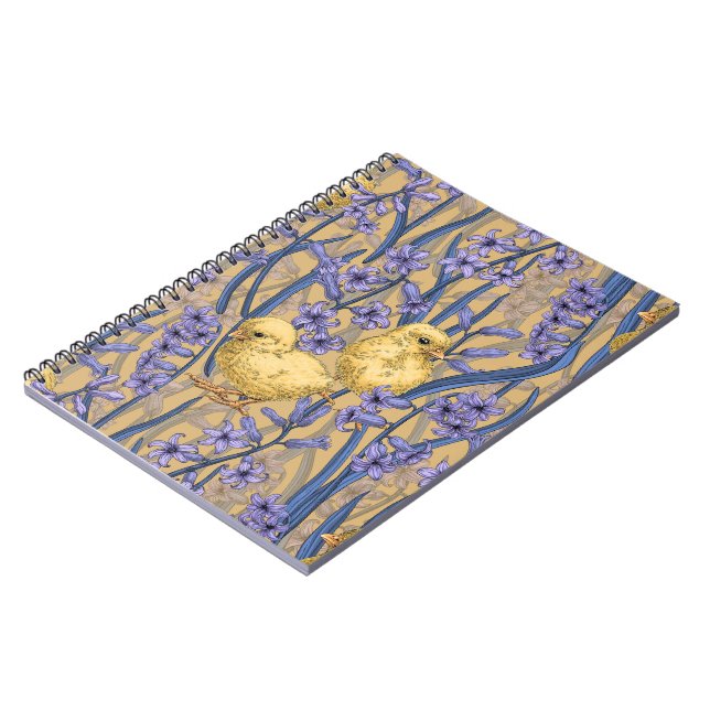 Chickens and hyacinths on yellow notebook (Left Side)