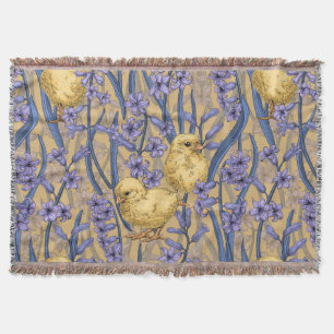 Chickens and hyacinths on yellow throw blanket