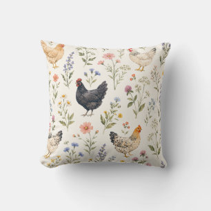 Chickens and Wildflowers Garden Nature Farm Cushion
