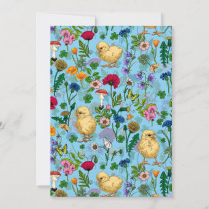 Chickens and wildflowers on baby blue