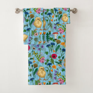 Chickens and wildflowers on baby blue bath towel set