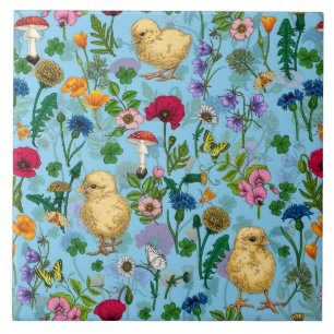 Chickens and wildflowers on baby blue ceramic tile