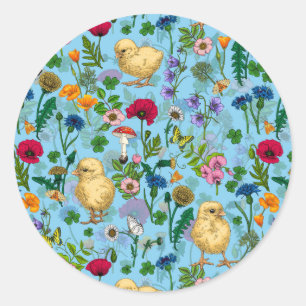 Chickens and wildflowers on baby blue classic round sticker