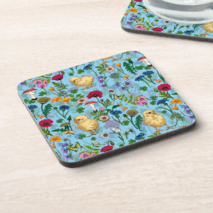 Chickens and wildflowers on baby blue coaster