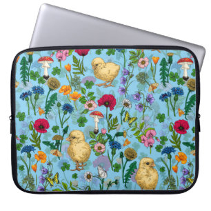 Chickens and wildflowers on baby blue laptop sleeve