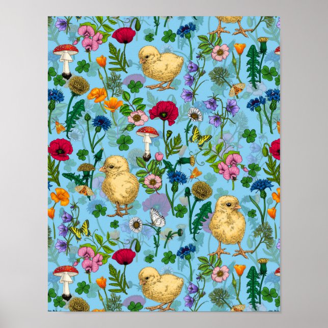 Chickens and wildflowers on baby blue poster (Front)