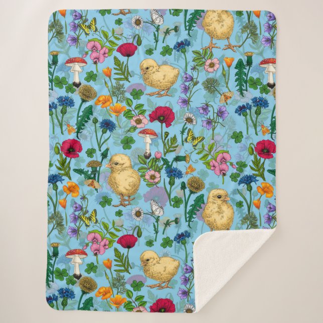 Chickens and wildflowers on baby blue sherpa blanket (Front)