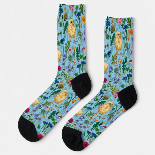 Chickens and wildflowers on baby blue socks (Left)