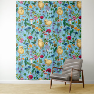 Chickens and wildflowers on baby blue tapestry