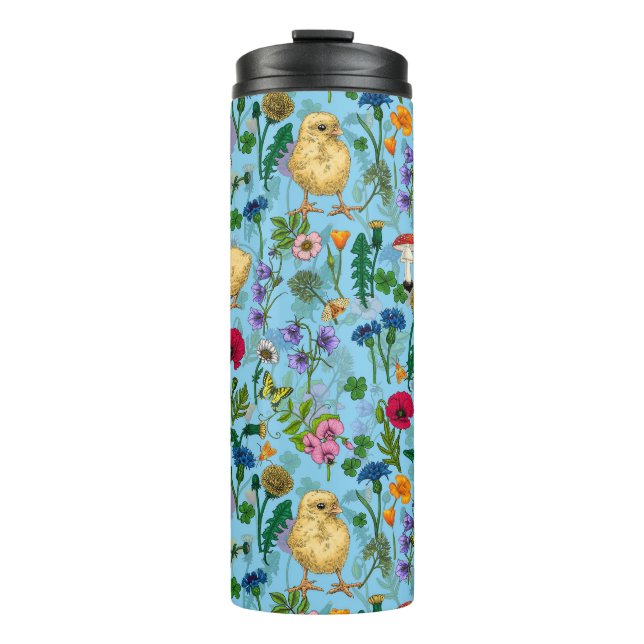 Chickens and wildflowers on baby blue thermal tumbler (Front)