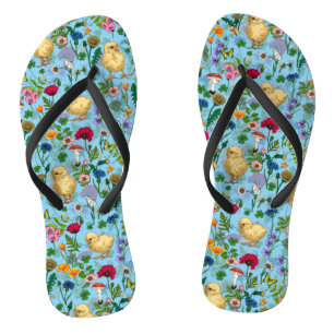 Chickens and wildflowers on baby blue thongs
