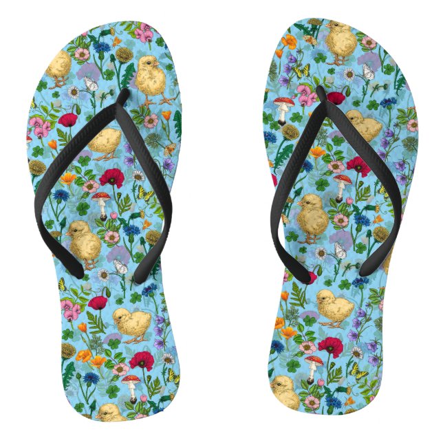 Chickens and wildflowers on baby blue thongs (Footbed)