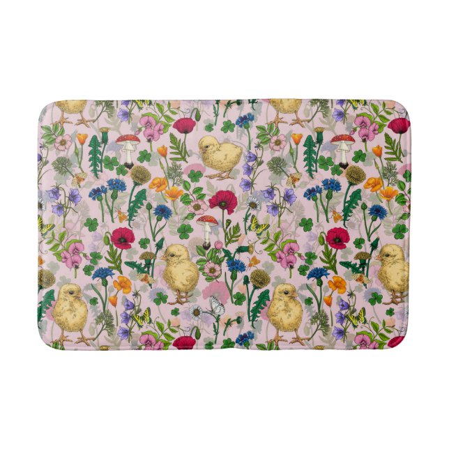 Chickens and wildflowers on cotton candy pink bath mat (Front)