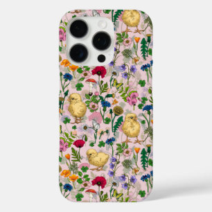 Chickens and wildflowers on cotton candy pink iPhone 16 pro case