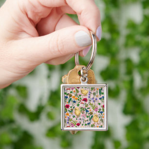 Chickens and wildflowers on cotton candy pink key ring