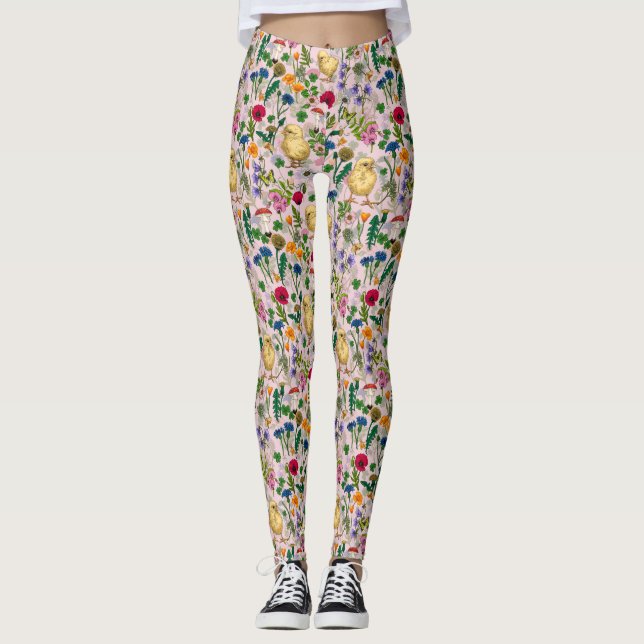 Chickens and wildflowers on cotton candy pink leggings (Front)