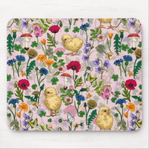 Chickens and wildflowers on cotton candy pink mouse pad