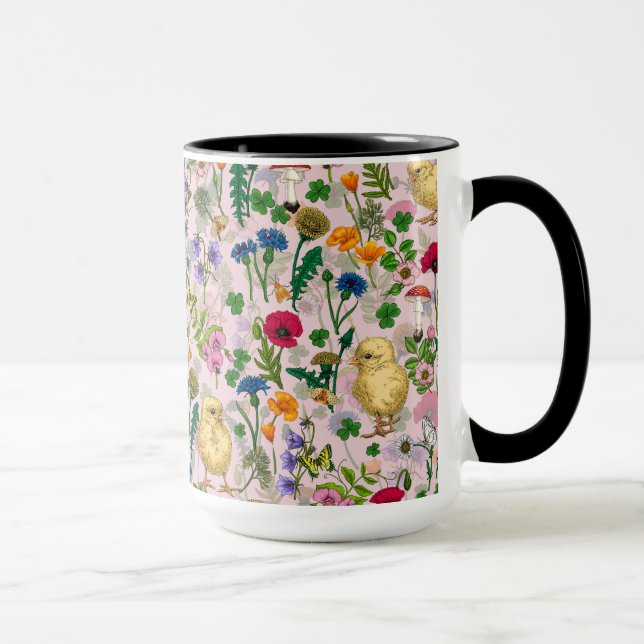 Chickens and wildflowers on cotton candy pink mug (Right)