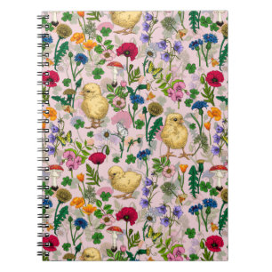 Chickens and wildflowers on cotton candy pink notebook